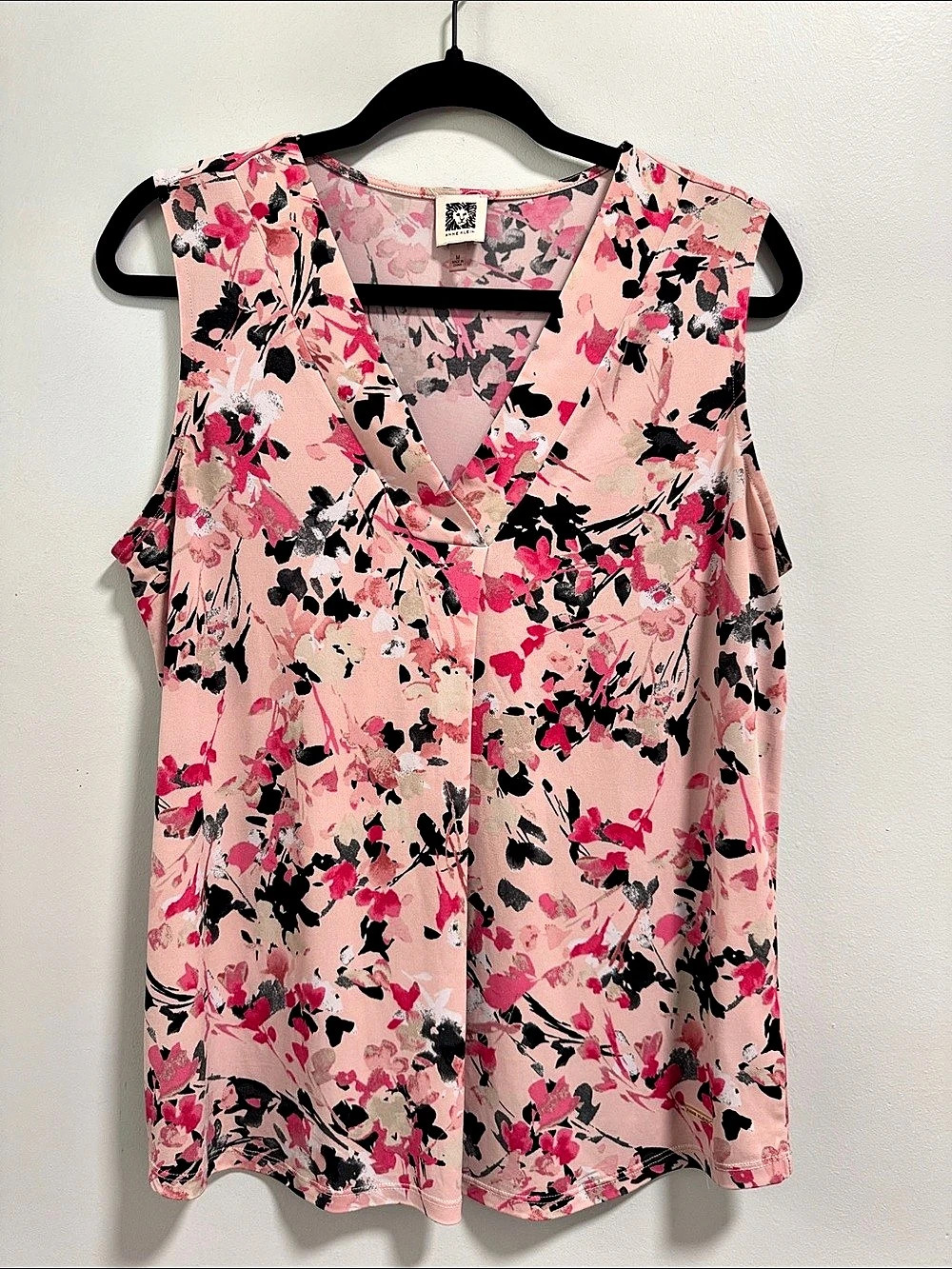Anne Klein Floral Wrap Front Blouse in Pink & Black Size Medium